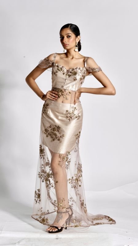 Multicolor Embroidered Net Cocktail Dress